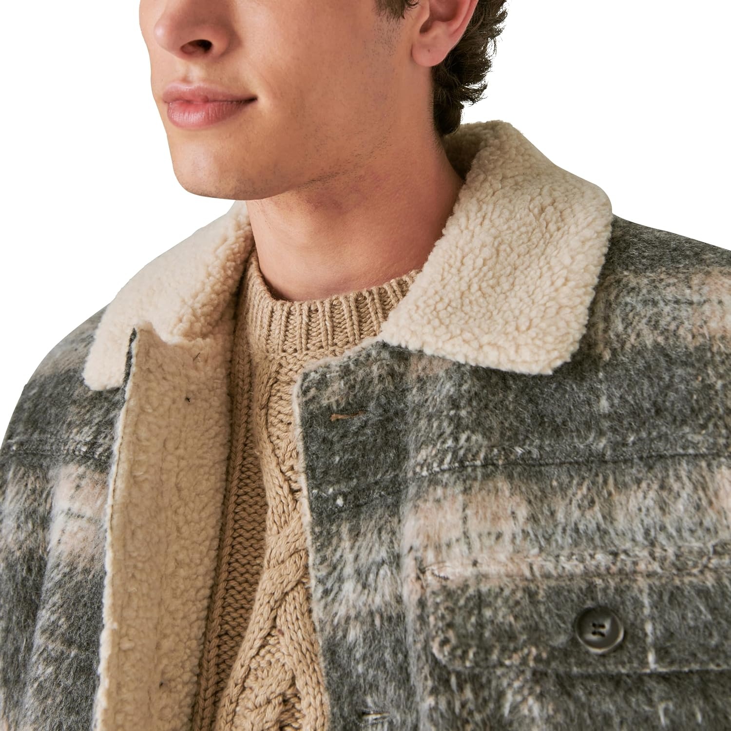 image:imageLucky Brand Mens Mens Plaid Faux Shearling Lined Trucker JacketGrey Plaid