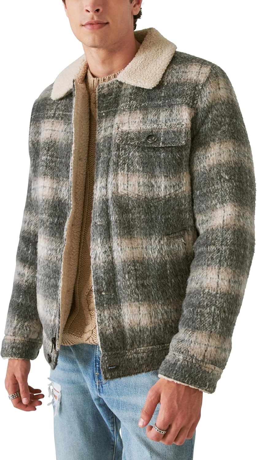 image:imageLucky Brand Mens Mens Plaid Faux Shearling Lined Trucker JacketGrey Plaid