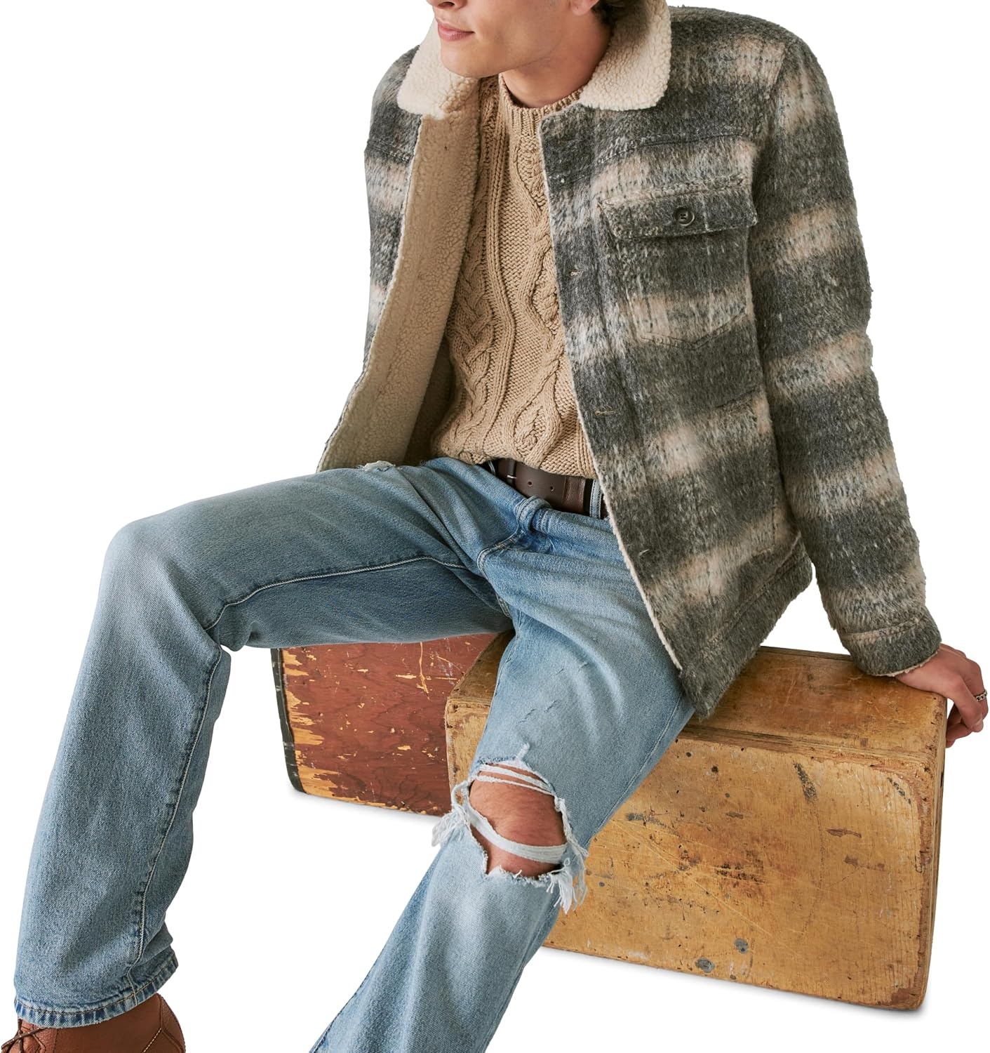 image:imageLucky Brand Mens Mens Plaid Faux Shearling Lined Trucker JacketGrey Plaid