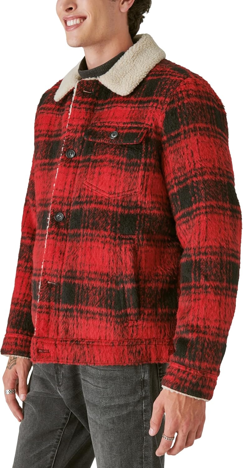 image:imageLucky Brand Mens Mens Plaid Faux Shearling Lined Trucker JacketRed Plaid