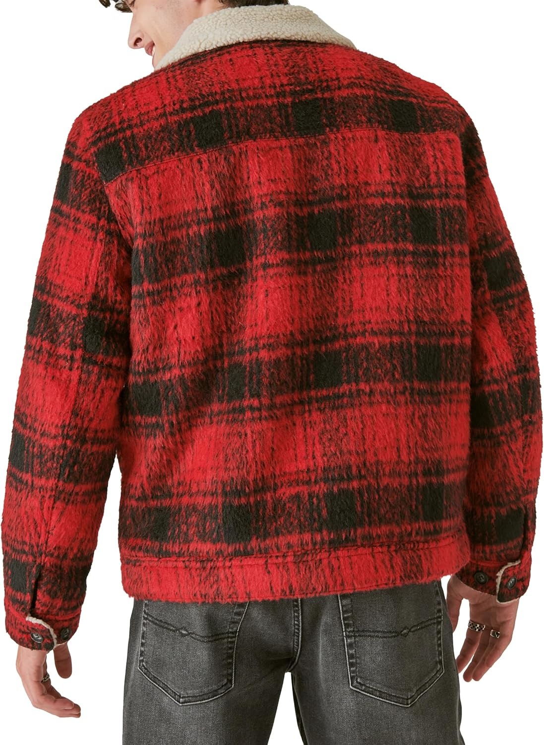 image:imageLucky Brand Mens Mens Plaid Faux Shearling Lined Trucker JacketRed Plaid