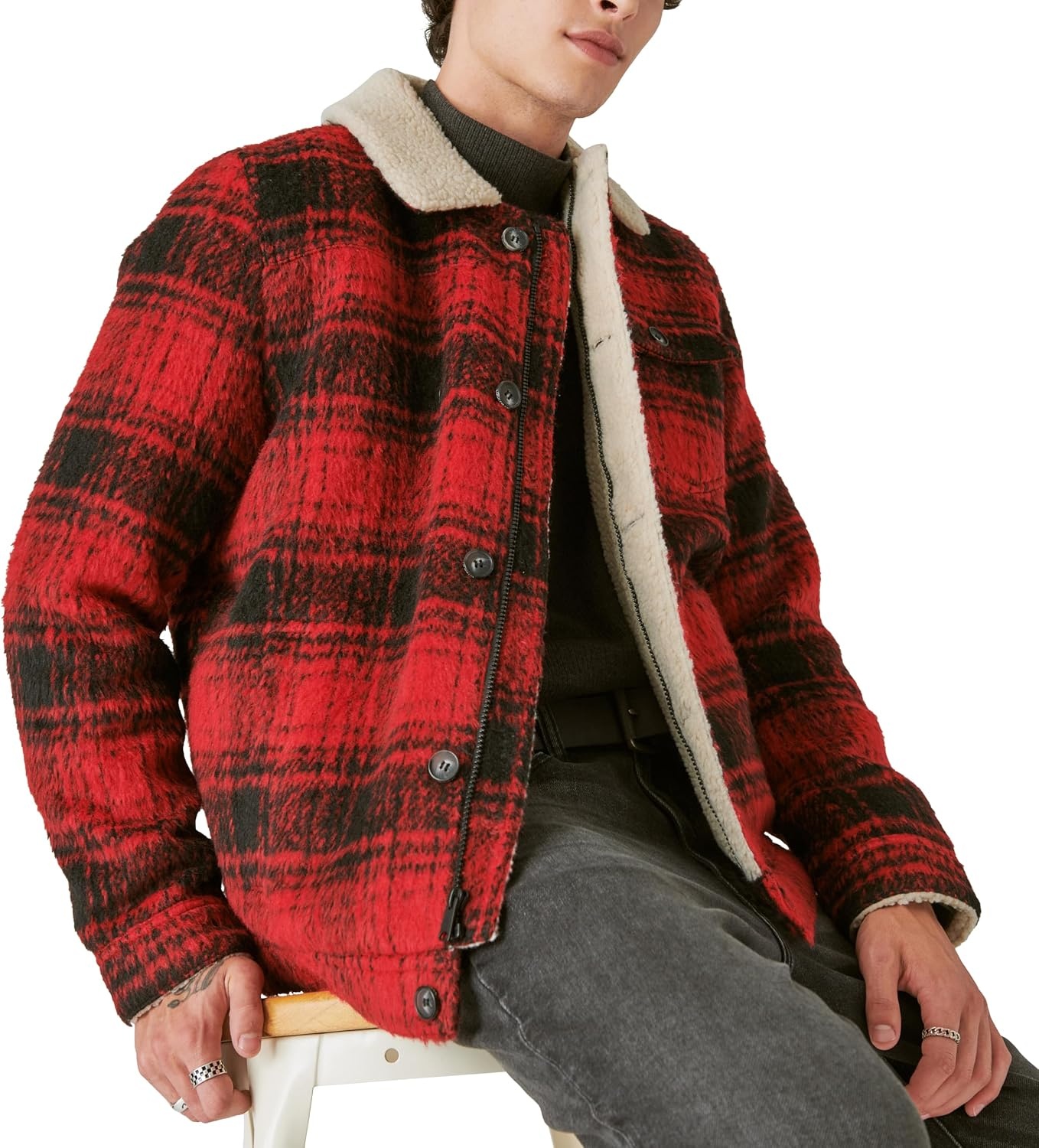 image:imageLucky Brand Mens Mens Plaid Faux Shearling Lined Trucker JacketRed Plaid