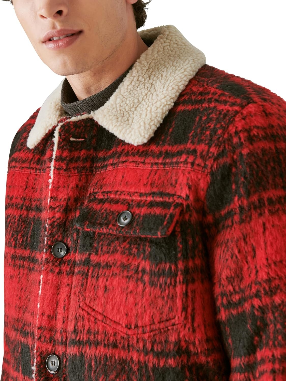image:imageLucky Brand Mens Mens Plaid Faux Shearling Lined Trucker JacketRed Plaid