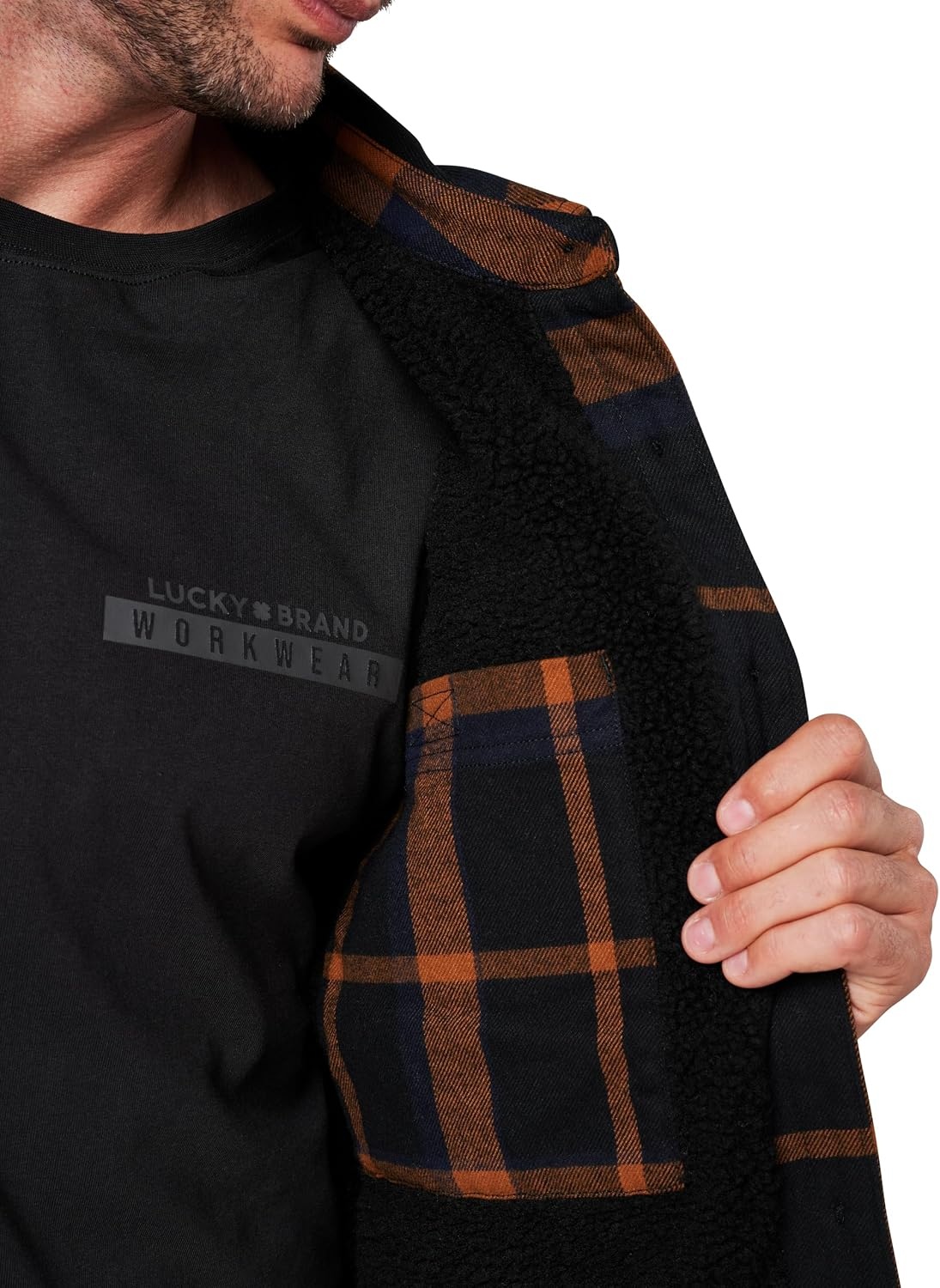image:imageLucky Brand Mens Mens Yarn Dyed Plaid Flannel Shirt Jacket With Sherpa LiningBlack