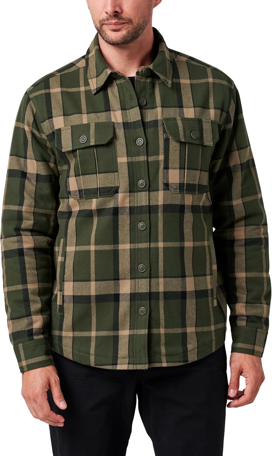 image:imageLucky Brand Mens Mens Yarn Dyed Plaid Flannel Shirt Jacket With Sherpa LiningDk Olive