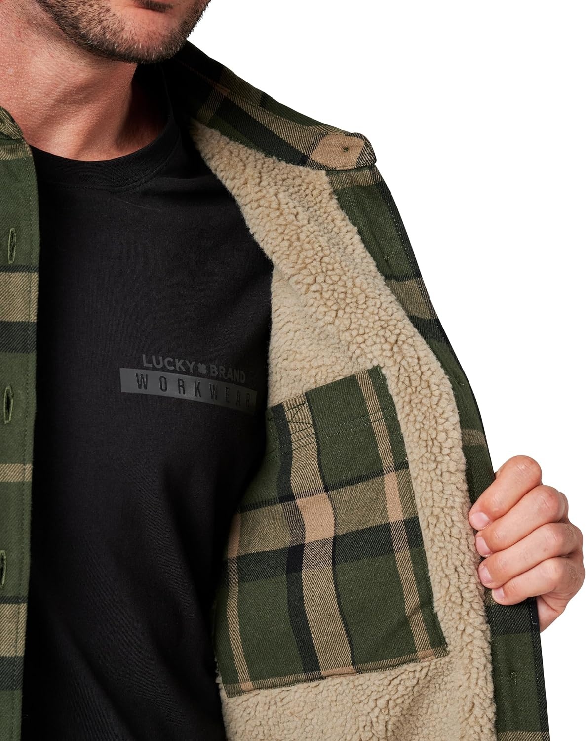 image:imageLucky Brand Mens Mens Yarn Dyed Plaid Flannel Shirt Jacket With Sherpa LiningDk Olive