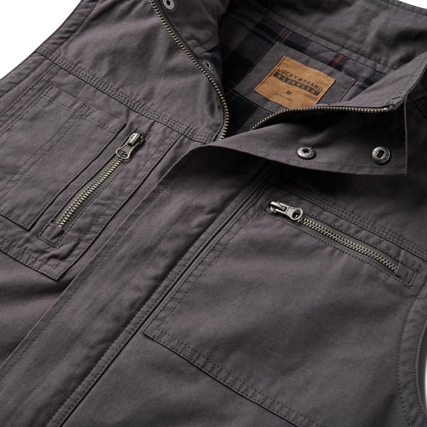 image:imageLucky Brand Mens Mens Zip Canvas Work Vest With Plaid Flannel LiningIron