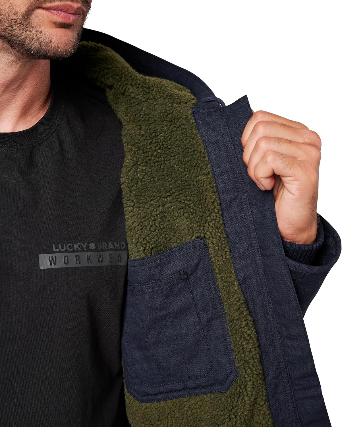 image:imageLucky Brand Mens Mens Zip Hooded Canvas Workwear Chore Coat With Sherpa LiningDk Navy