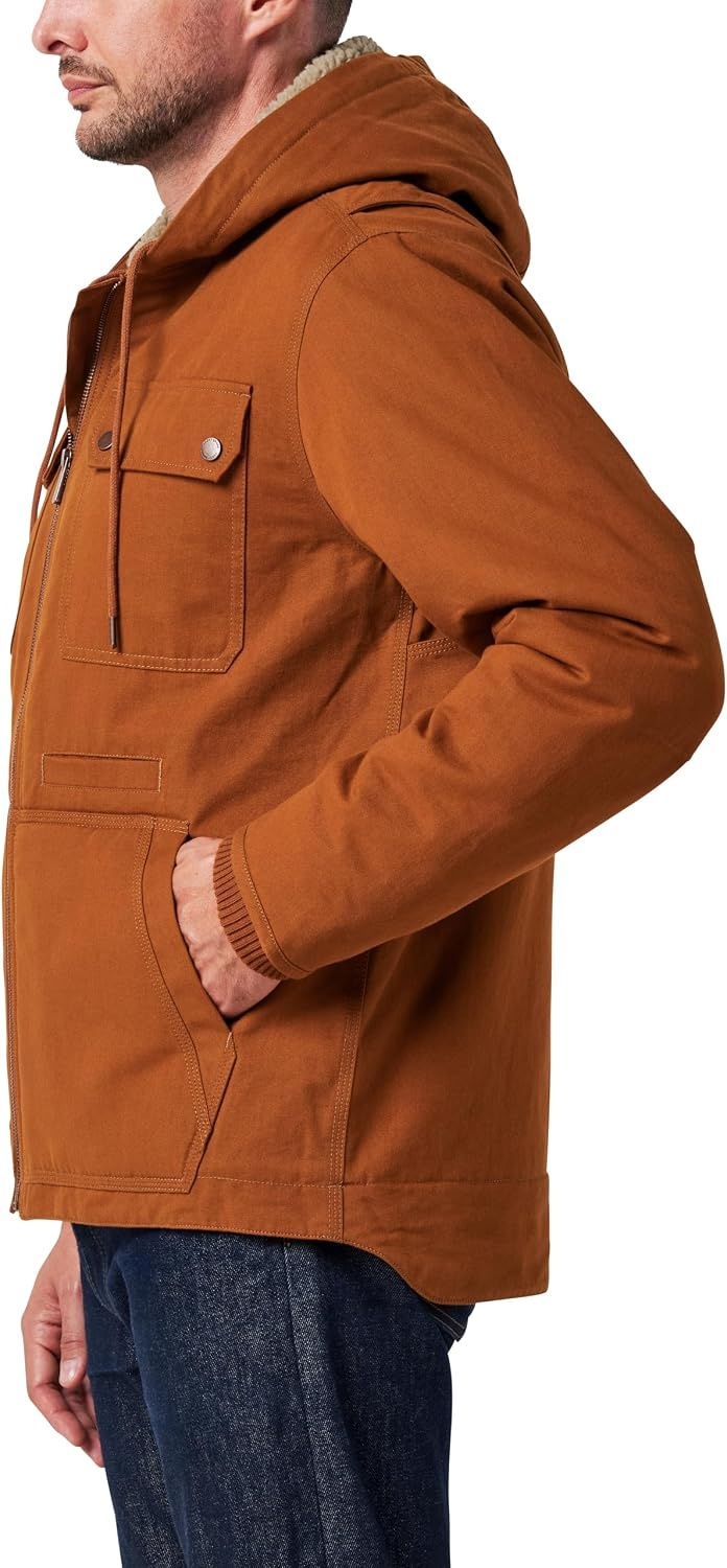 image:imageLucky Brand Mens Mens Zip Hooded Canvas Workwear Chore Coat With Sherpa LiningRusty Bronze