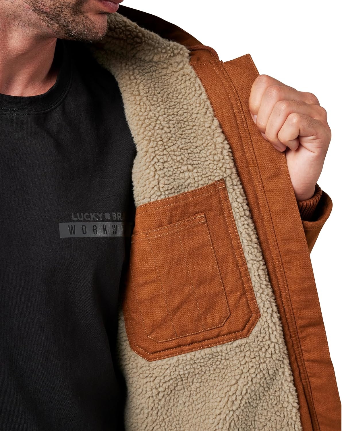 image:imageLucky Brand Mens Mens Zip Hooded Canvas Workwear Chore Coat With Sherpa LiningRusty Bronze