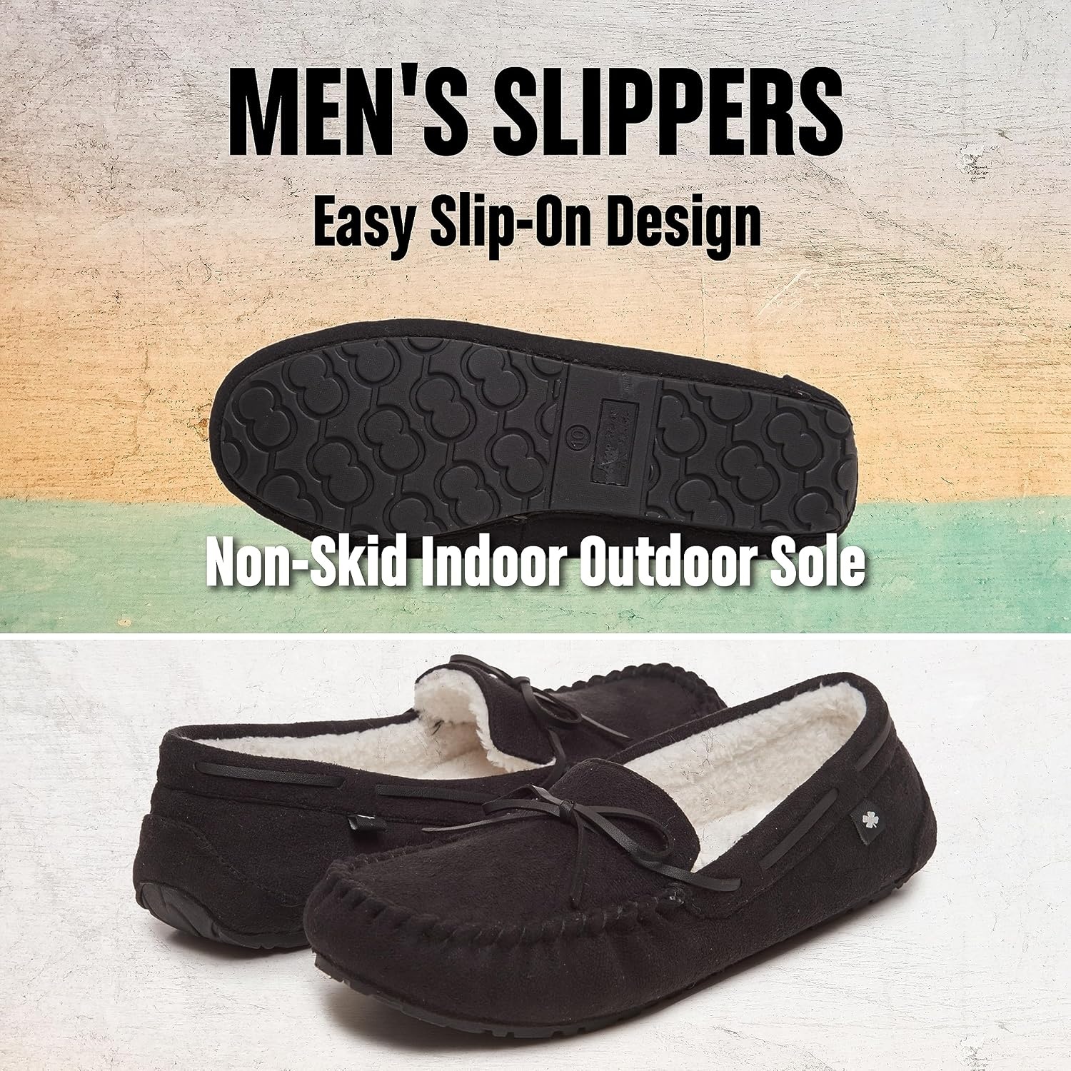 image:imageLucky Brand Mens MicroSuede Moccasin Slippers with Faux Sherpa LiningBlack