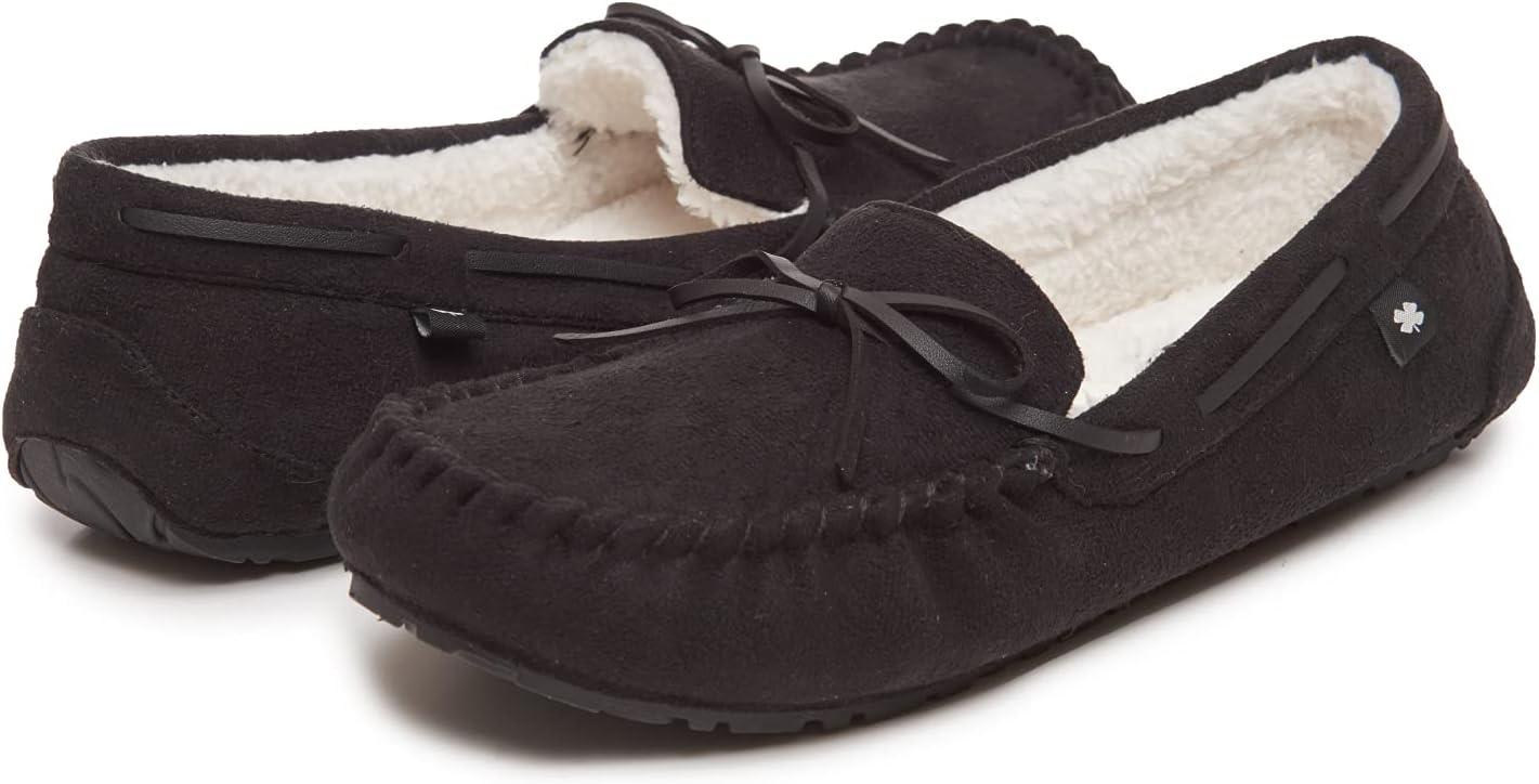 image:imageLucky Brand Mens MicroSuede Moccasin Slippers with Faux Sherpa LiningBlack