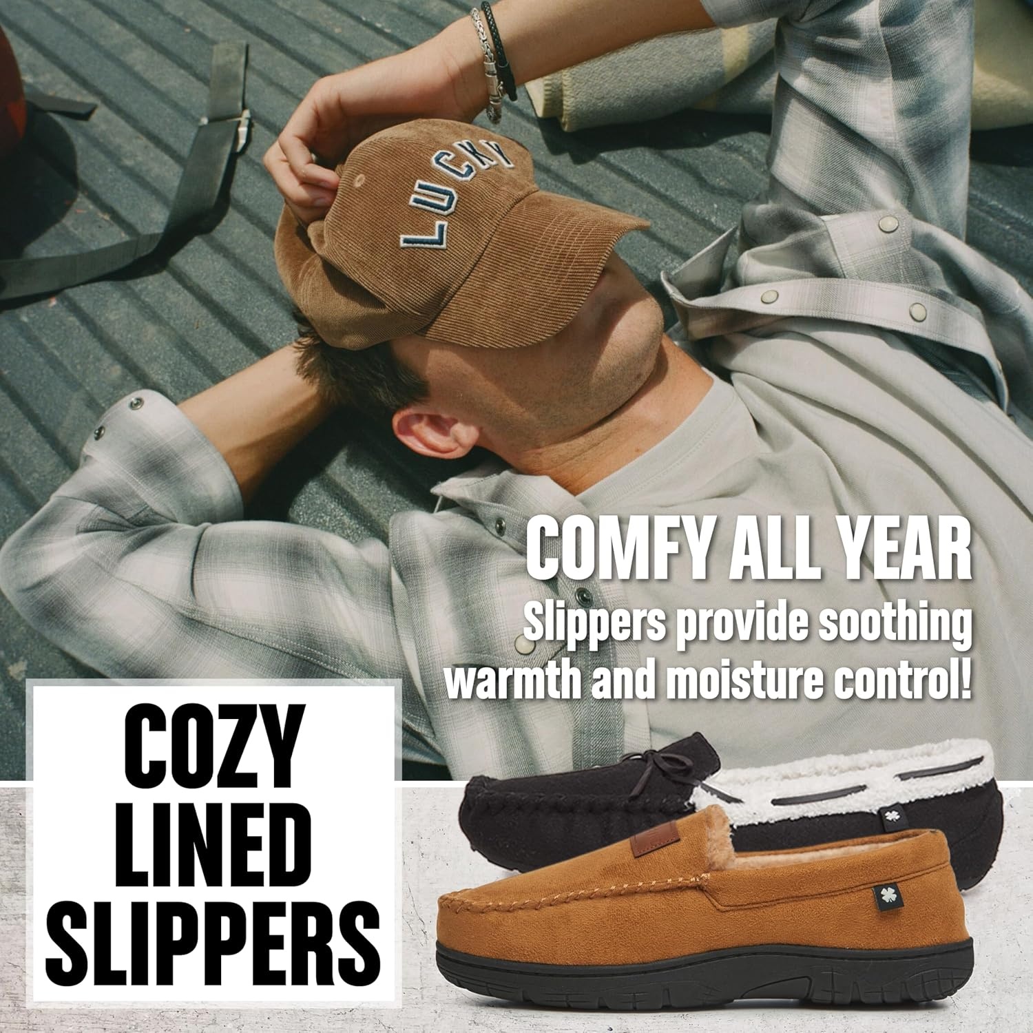 image:imageLucky Brand Mens MicroSuede Moccasin Slippers with Faux Sherpa LiningBlack