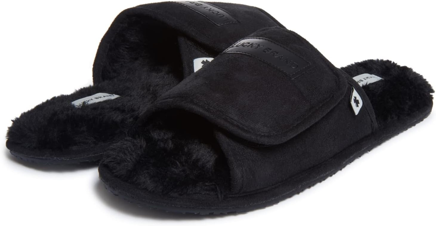 image:imageLucky Brand Mens Microsuede Memory Foam Open Toe Slippers Cool Adjustable Strap Indoor Outdoor House Sliders for MenBlackBlack