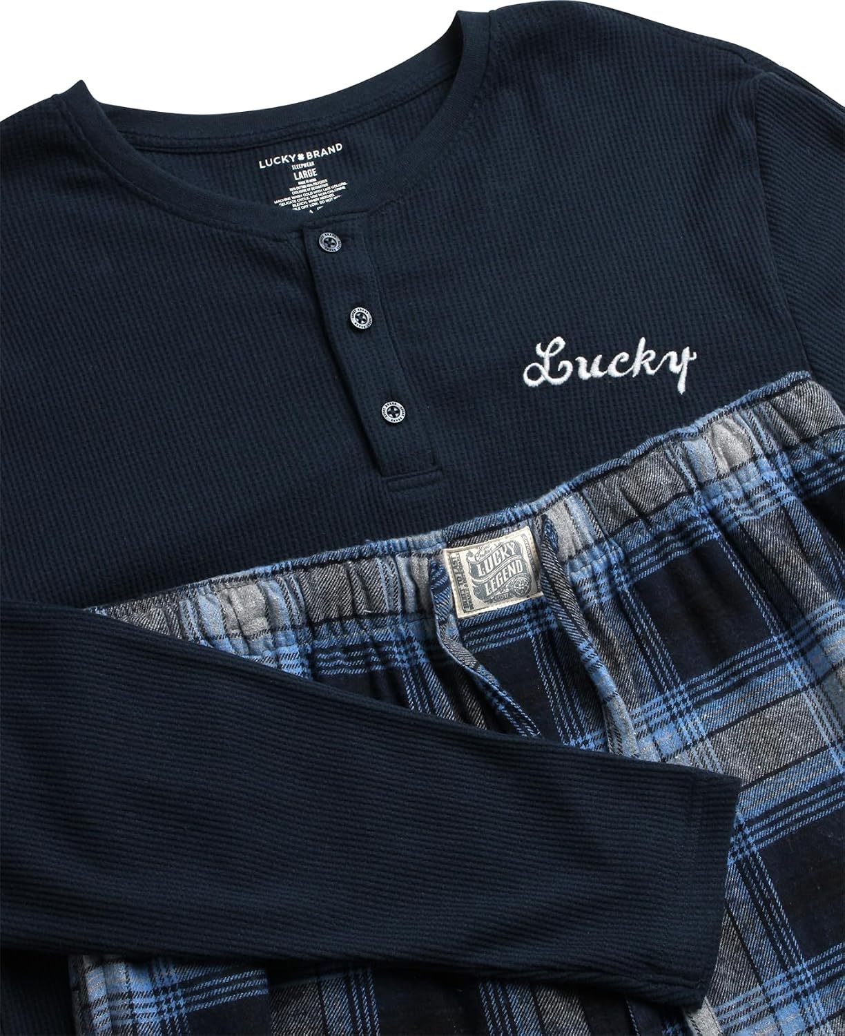 image:imageLucky Brand Mens Pajama Set Long Sleeve Tee amp 30in Flannel Pajama Pants Relaxed StraightLeg Fit with an Adjustable Drawstring Soft Plaid Bottoms Pair with a Graphic TopTotal Eclipsemood Indigo Plaid
