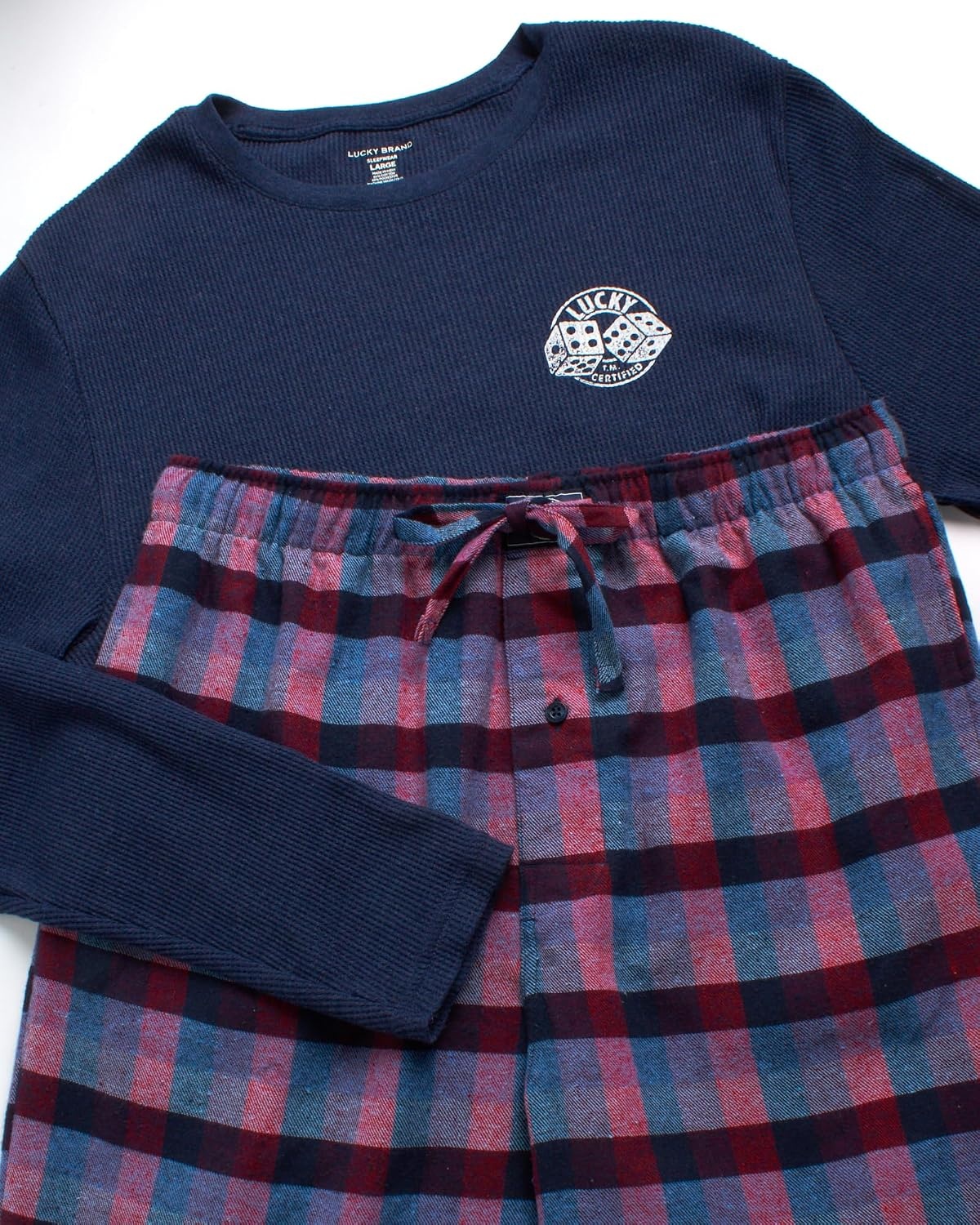 image:imageLucky Brand Mens Pajama Set Long Sleeve Tee amp 30in Fleece Pajama Pants Relaxed StraightLeg Fit with an Adjustable Drawstring Cozy Brushed Bottoms Pair with a Soft TopMood Indigo HeatherMood Indigo Plaid