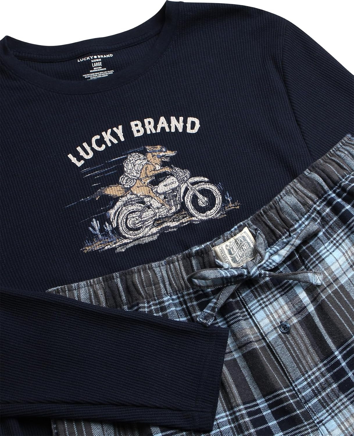 image:imageLucky Brand Mens Pajama Set Long Sleeve Tee amp 30in Fleece Pajama Pants Relaxed StraightLeg Fit with an Adjustable Drawstring Cozy Brushed Bottoms Pair with a Soft TopMood IndigoGrey Plaid
