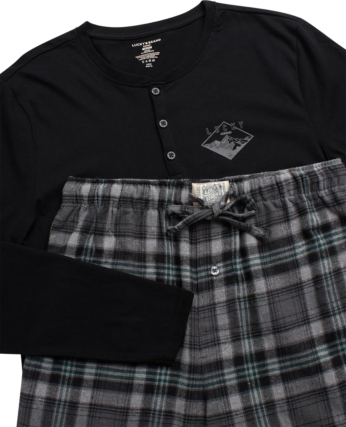image:imageLucky Brand Mens Pajama Set Long Sleeve Tee amp 30in Fleece Pajama Pants Relaxed StraightLeg Fit with an Adjustable Drawstring Cozy Brushed Bottoms Pair with a Soft TopJet BlackMedium Grey Plaid