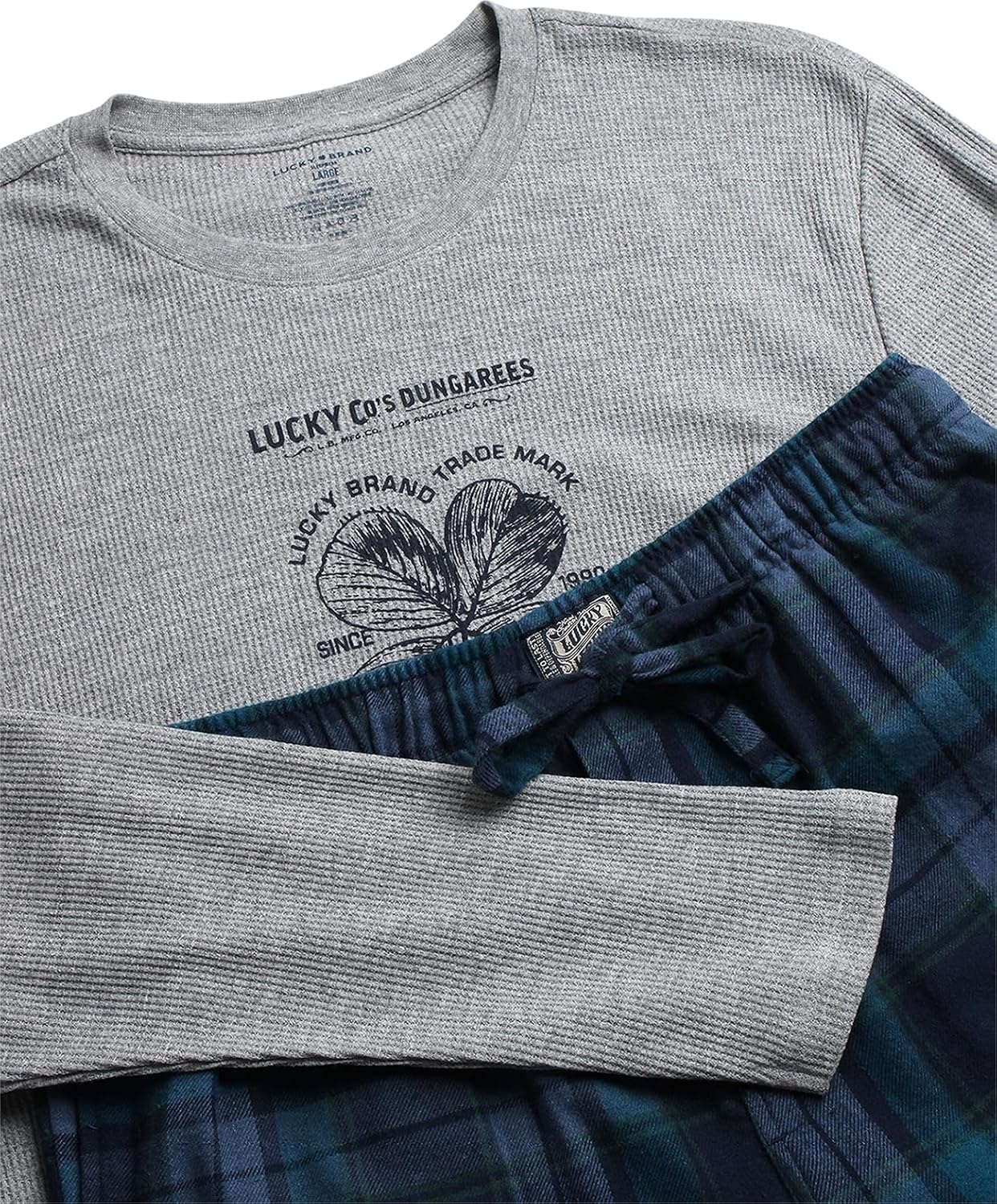 image:imageLucky Brand Mens Pajama Set Long Sleeve Tee amp 30in Fleece Pajama Pants Relaxed StraightLeg Fit with an Adjustable Drawstring Cozy Brushed Bottoms Pair with a Soft TopGrey HeatherMood Indigo Plaid