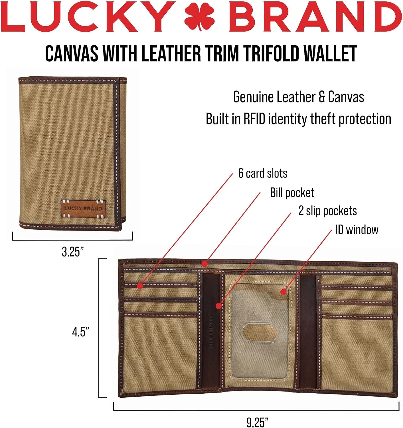 image:imageLucky Brand Mens Smooth Leather Trifold Wallet with RFID Blocking Lining 6 Card Slots and Large Bill Pocket BlackCanvasLeather Khaki