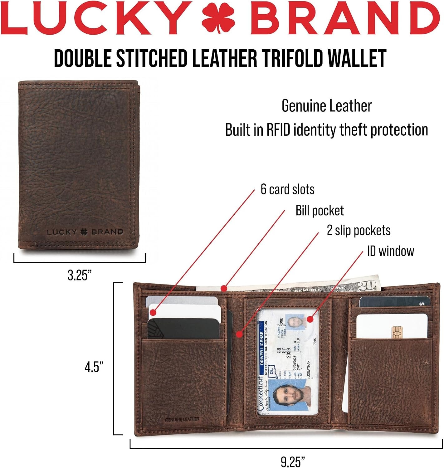 image:imageLucky Brand Mens Smooth Leather Trifold Wallet with RFID Blocking Lining 6 Card Slots and Large Bill Pocket BlackDBL Stitched Leather Brown