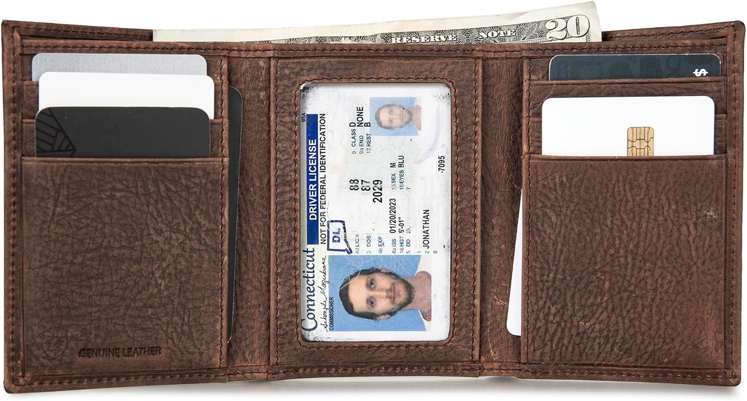 image:imageLucky Brand Mens Smooth Leather Trifold Wallet with RFID Blocking Lining 6 Card Slots and Large Bill Pocket BlackDBL Stitched Leather Brown