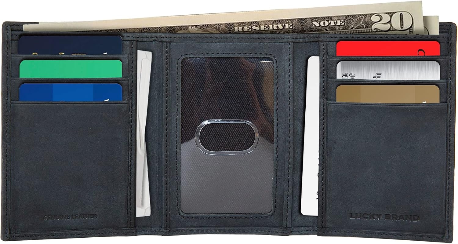 image:imageLucky Brand Mens Smooth Leather Trifold Wallet with RFID Blocking Lining 6 Card Slots and Large Bill Pocket BlackFlag Embossed Leather Black