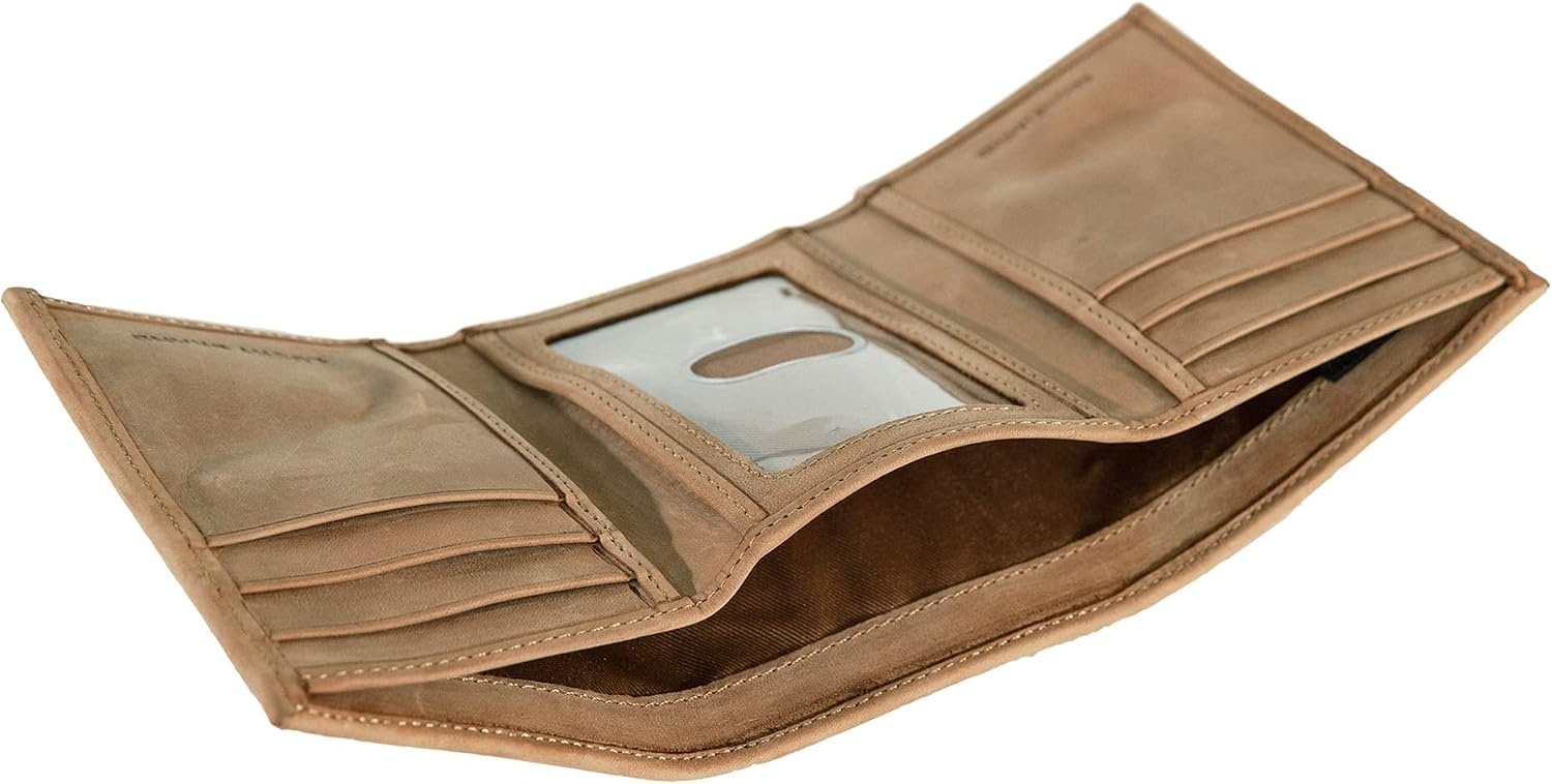 image:imageLucky Brand Mens Smooth Leather Trifold Wallet with RFID Blocking Lining 6 Card Slots and Large Bill Pocket BlackFlag Embossed Leather Tan