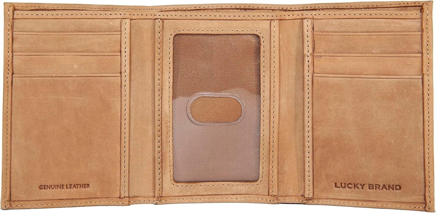 image:imageLucky Brand Mens Smooth Leather Trifold Wallet with RFID Blocking Lining 6 Card Slots and Large Bill Pocket BlackFlag Embossed Leather Tan