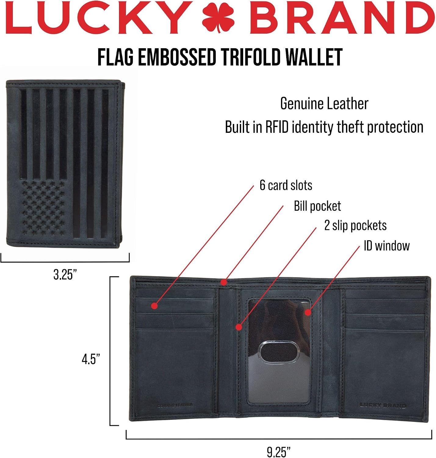 image:imageLucky Brand Mens Smooth Leather Trifold Wallet with RFID Blocking Lining 6 Card Slots and Large Bill Pocket BlackFlag Embossed Leather Tan