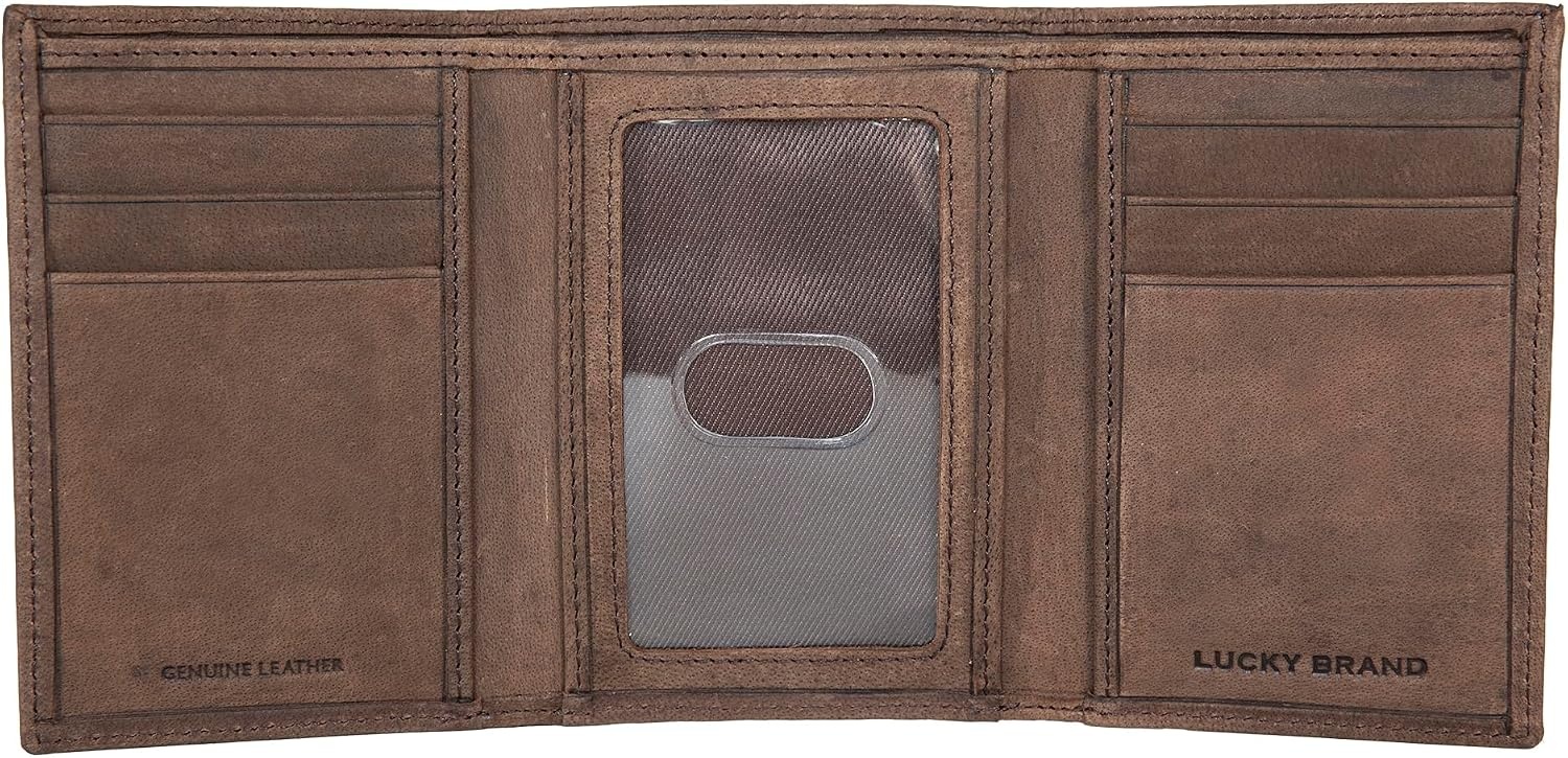 image:imageLucky Brand Mens Smooth Leather Trifold Wallet with RFID Blocking Lining 6 Card Slots and Large Bill Pocket BlackGrooved Leather Brown
