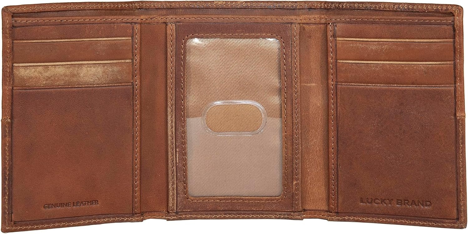 image:imageLucky Brand Mens Smooth Leather Trifold Wallet with RFID Blocking Lining 6 Card Slots and Large Bill Pocket BlackPlaid Embossed Leather Brown