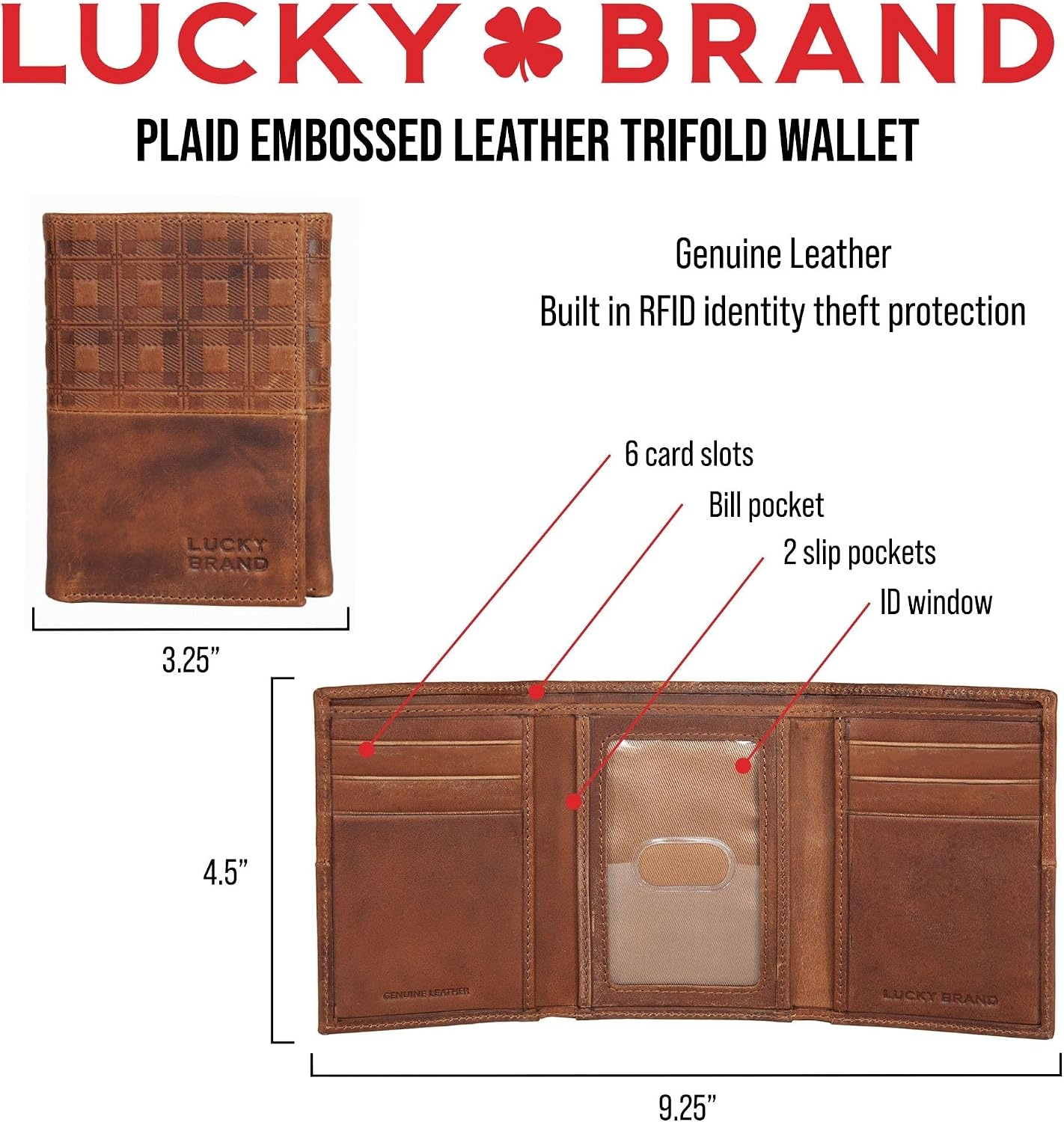 image:imageLucky Brand Mens Smooth Leather Trifold Wallet with RFID Blocking Lining 6 Card Slots and Large Bill Pocket BlackPlaid Embossed Leather Brown