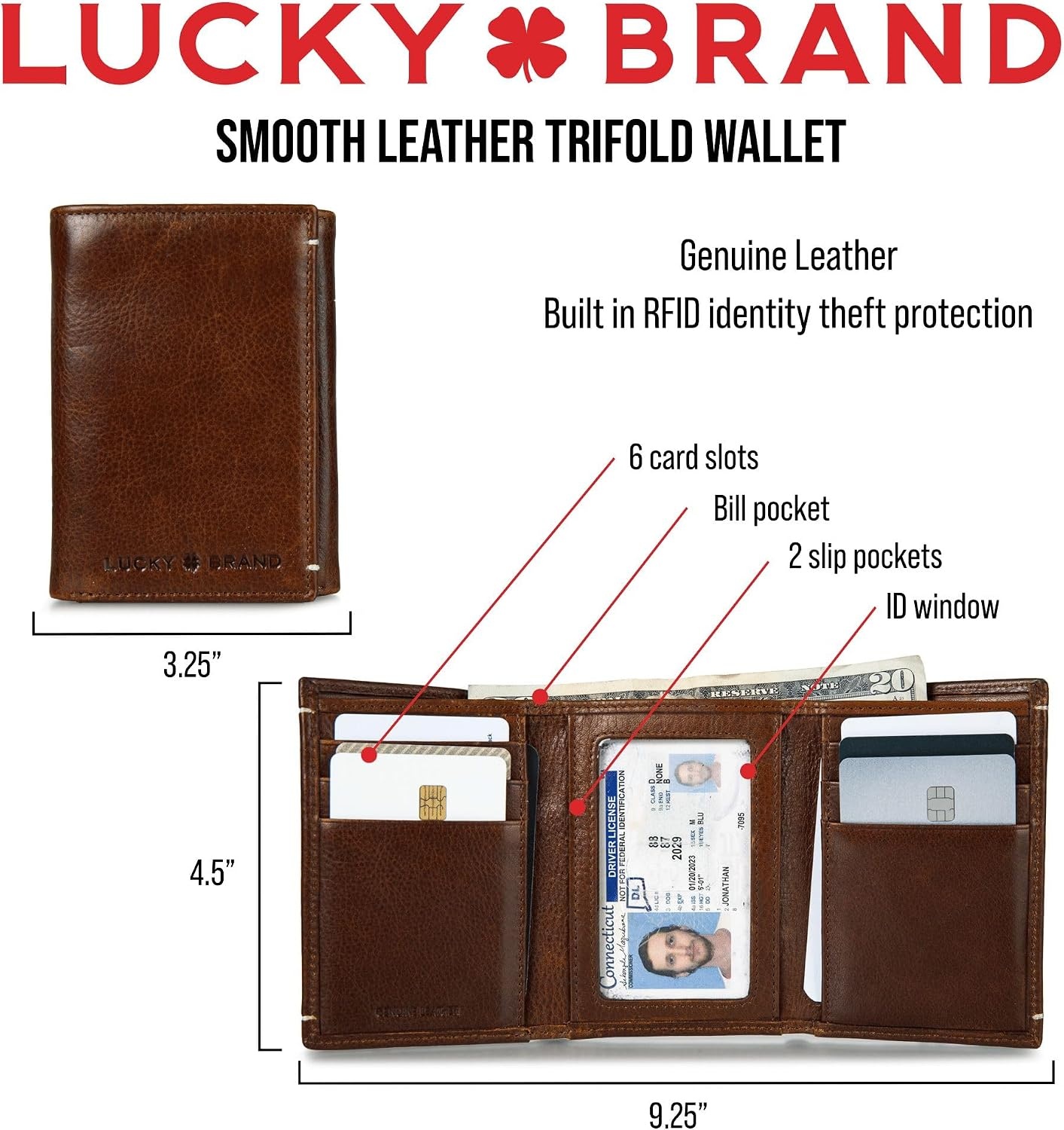 image:imageLucky Brand Mens Smooth Leather Trifold Wallet with RFID Blocking Lining 6 Card Slots and Large Bill Pocket BlackSmooth Leather Black