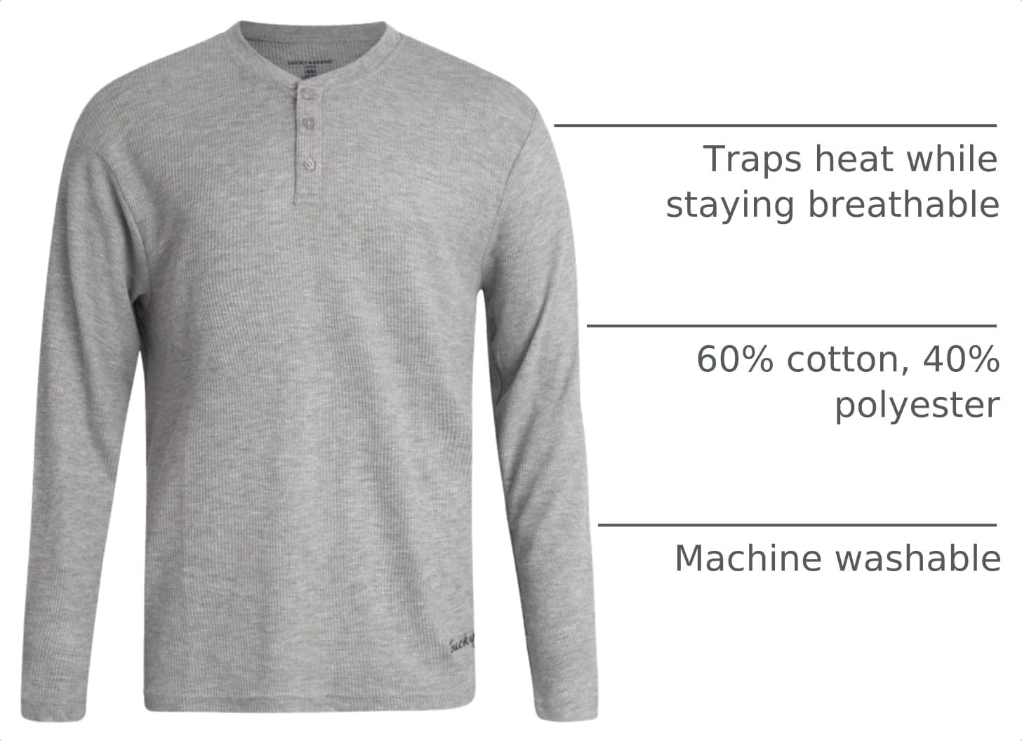 image:imageLucky Brand Mens Thermal Long Sleeve Waffle Henley Shirt Pajama Sleepwear TagFree Comfort 3Button Henley Placket Waffle Knit Thermal Fabric Ideal For LayeringLight Grey Heather