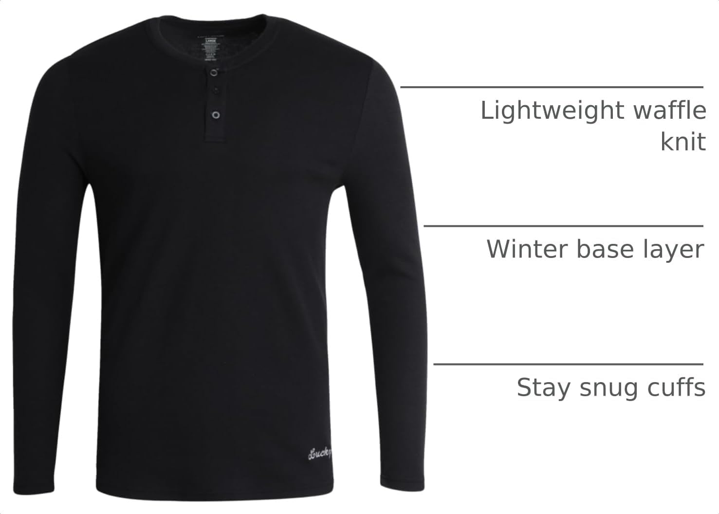 image:imageLucky Brand Mens Thermal Long Sleeve Waffle Henley Shirt Pajama Sleepwear TagFree Comfort 3Button Henley Placket Waffle Knit Thermal Fabric Ideal For LayeringJet Black
