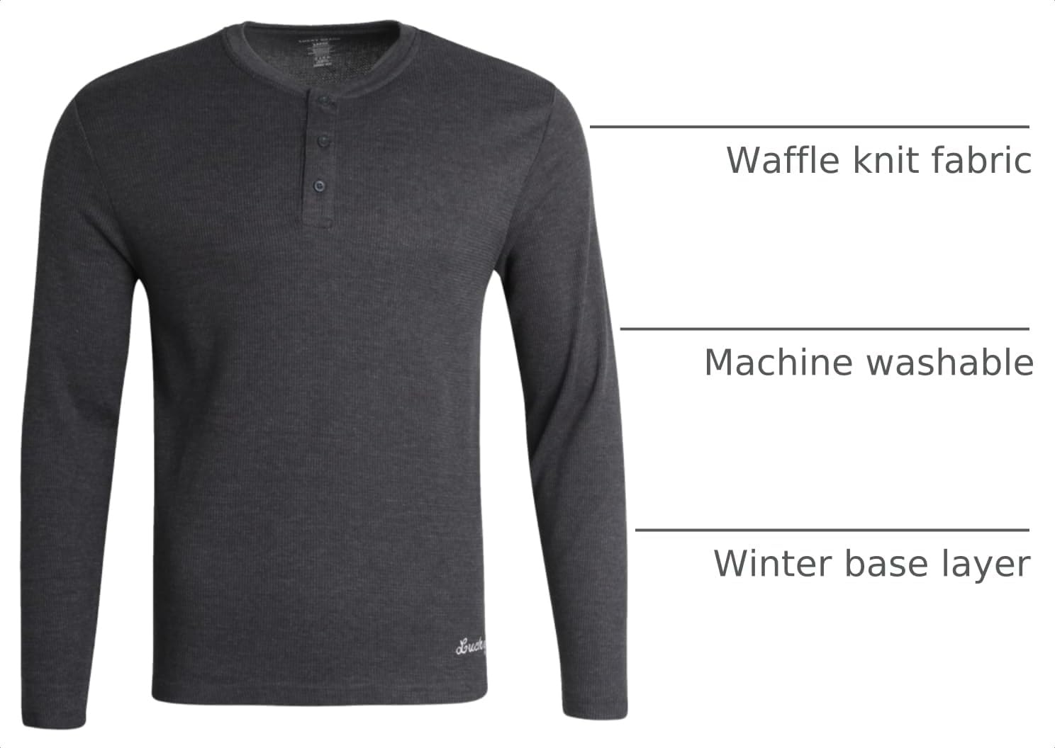 image:imageLucky Brand Mens Thermal Long Sleeve Waffle Henley Shirt Pajama Sleepwear TagFree Comfort 3Button Henley Placket Waffle Knit Thermal Fabric Ideal For LayeringCharcoal Heather Grey