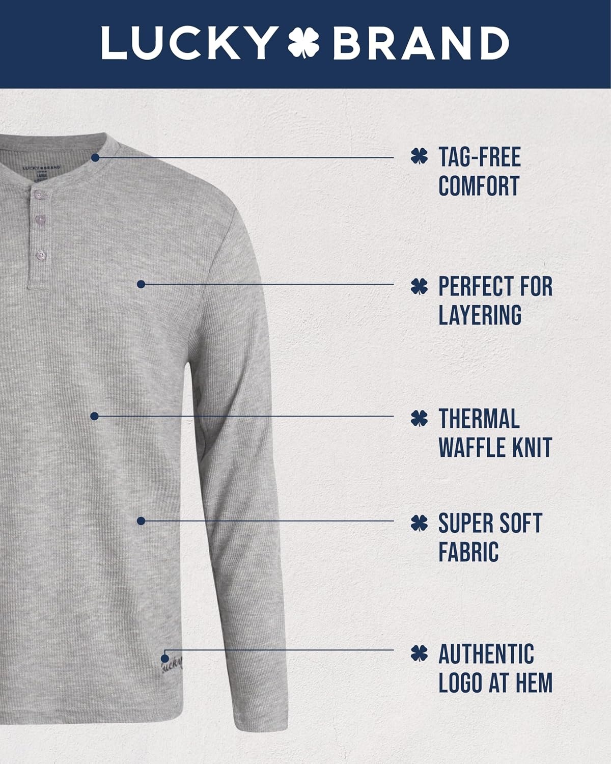 image:imageLucky Brand Mens Thermal Long Sleeve Waffle Henley Shirt Pajama Sleepwear TagFree Comfort 3Button Henley Placket Waffle Knit Thermal Fabric Ideal For LayeringLight Grey Heather