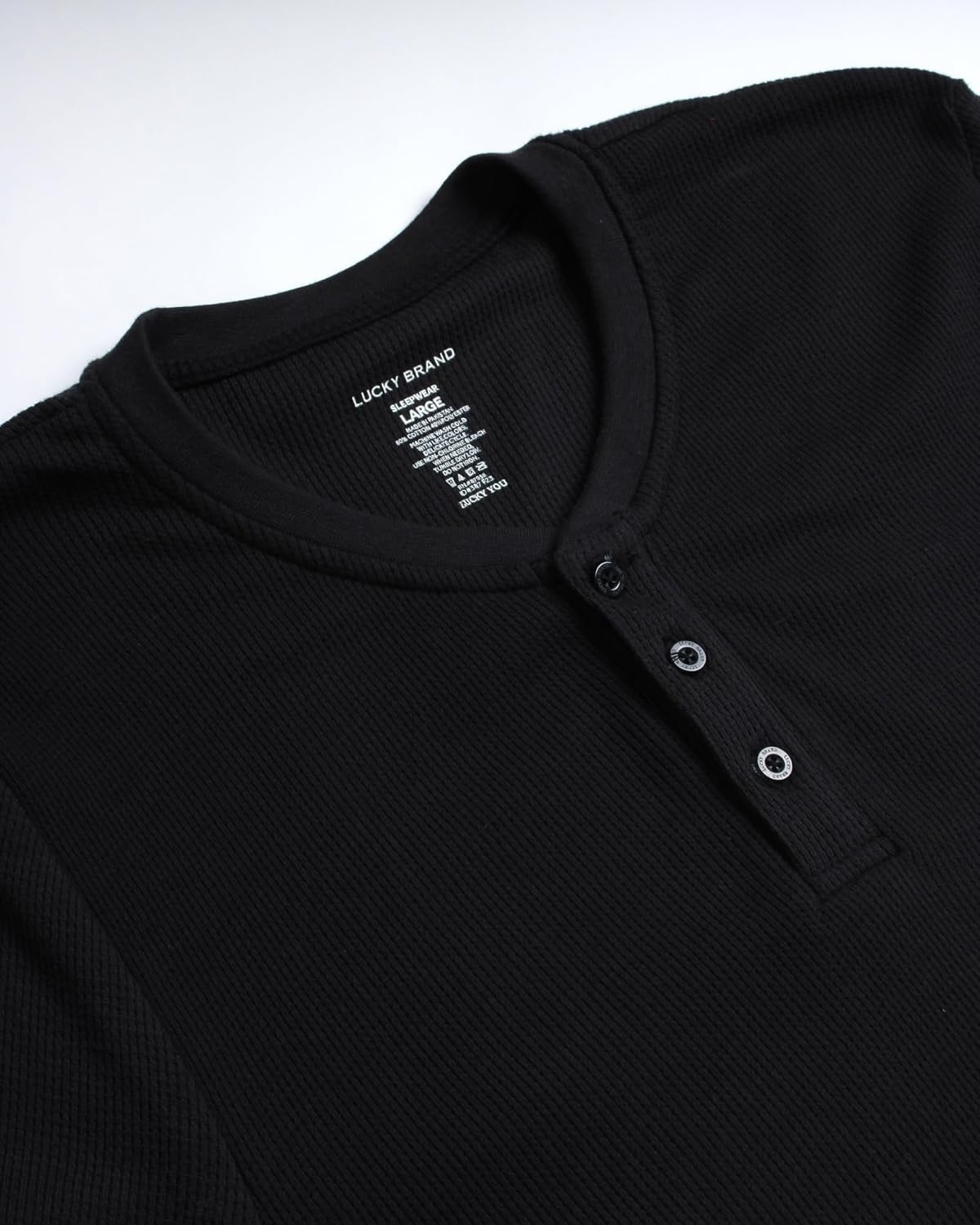image:imageLucky Brand Mens Thermal Long Sleeve Waffle Henley Shirt Pajama Sleepwear TagFree Comfort 3Button Henley Placket Waffle Knit Thermal Fabric Ideal For LayeringJet Black