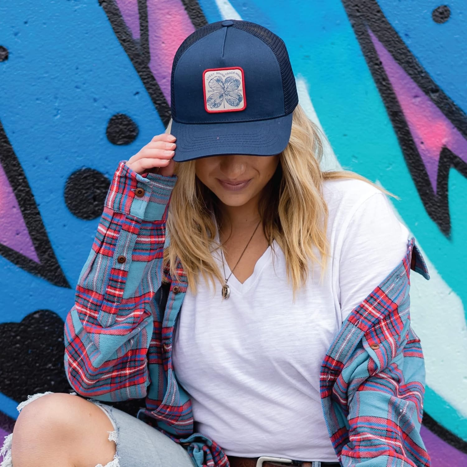 image:imageLucky Brand Trucker Hat Snapback Adjustable Mesh Back Retro Baseball Cap Golf Fishing American HeritageClover Patch Navy