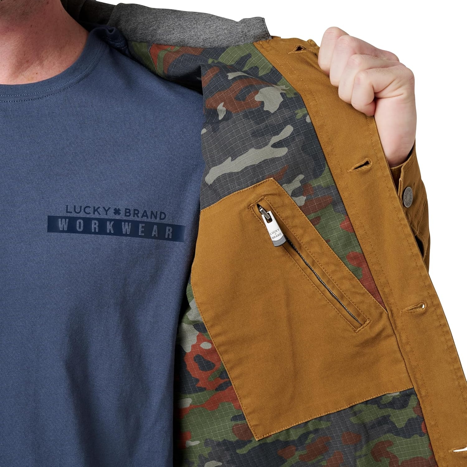 image:imageLucky Brand Workwear Mens Canvas Trucker Jacket with Knit Hood Lt BronzeMedium