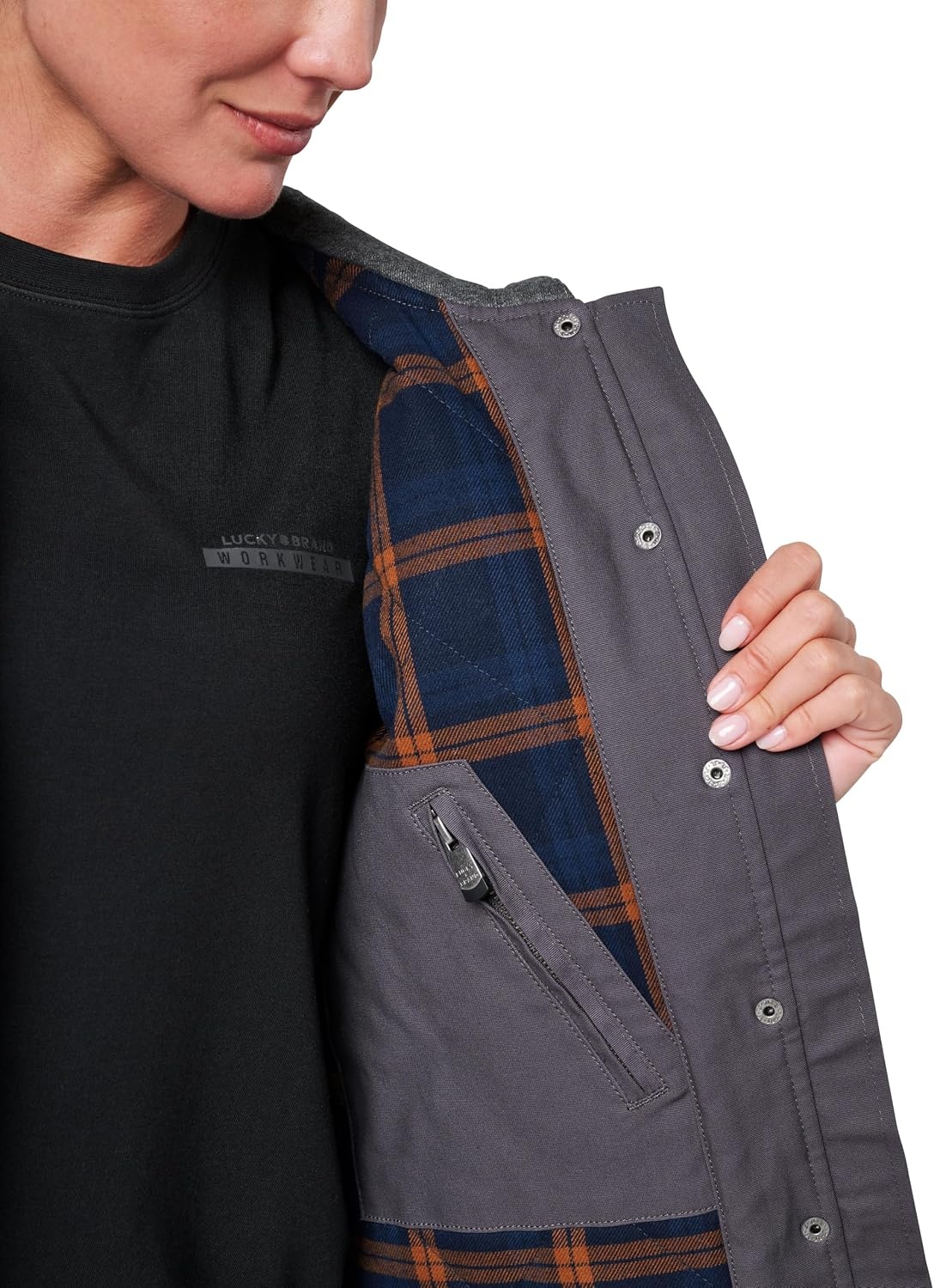 image:imageLucky Brand womens Womens Shirt Jacket With Fleece Hood and Quilted LiningIron