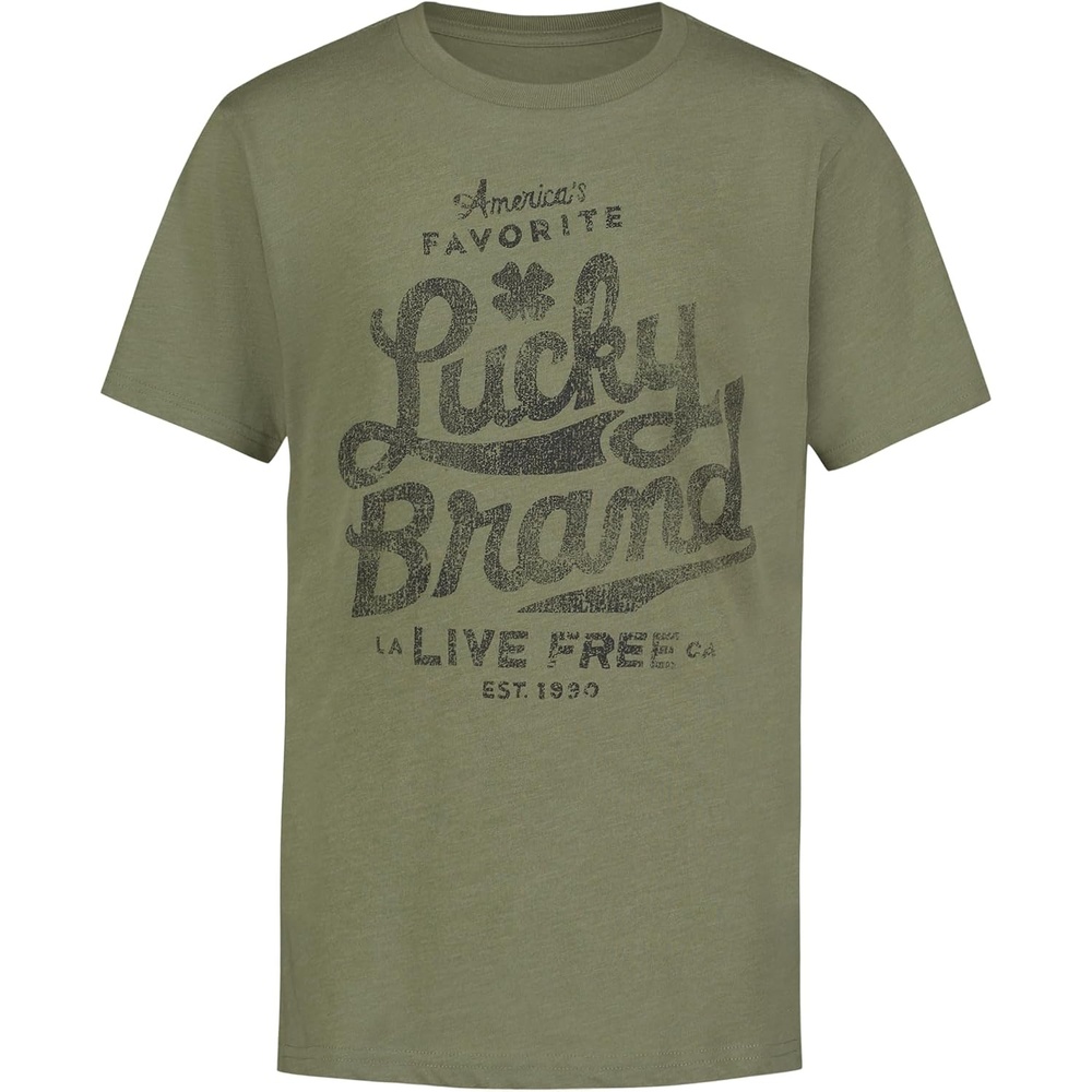 image:imageLucky Brand Boys Short Sleeve Graphic Crew Neck TShirt Soft Comfortable Relaxed FitFavorite Oil Green Heather
