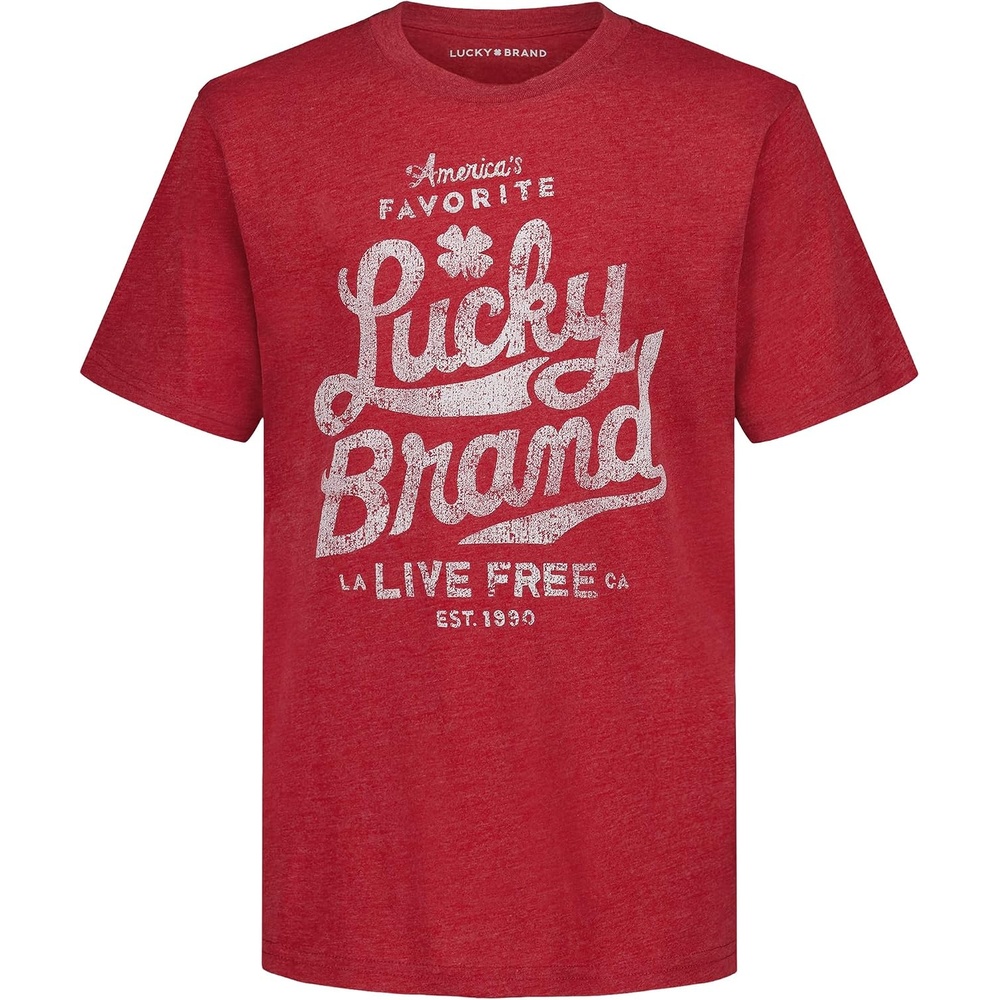 image:imageLucky Brand Boys Short Sleeve Graphic Crew Neck TShirt Soft Comfortable Relaxed FitFavorite Punch Heather