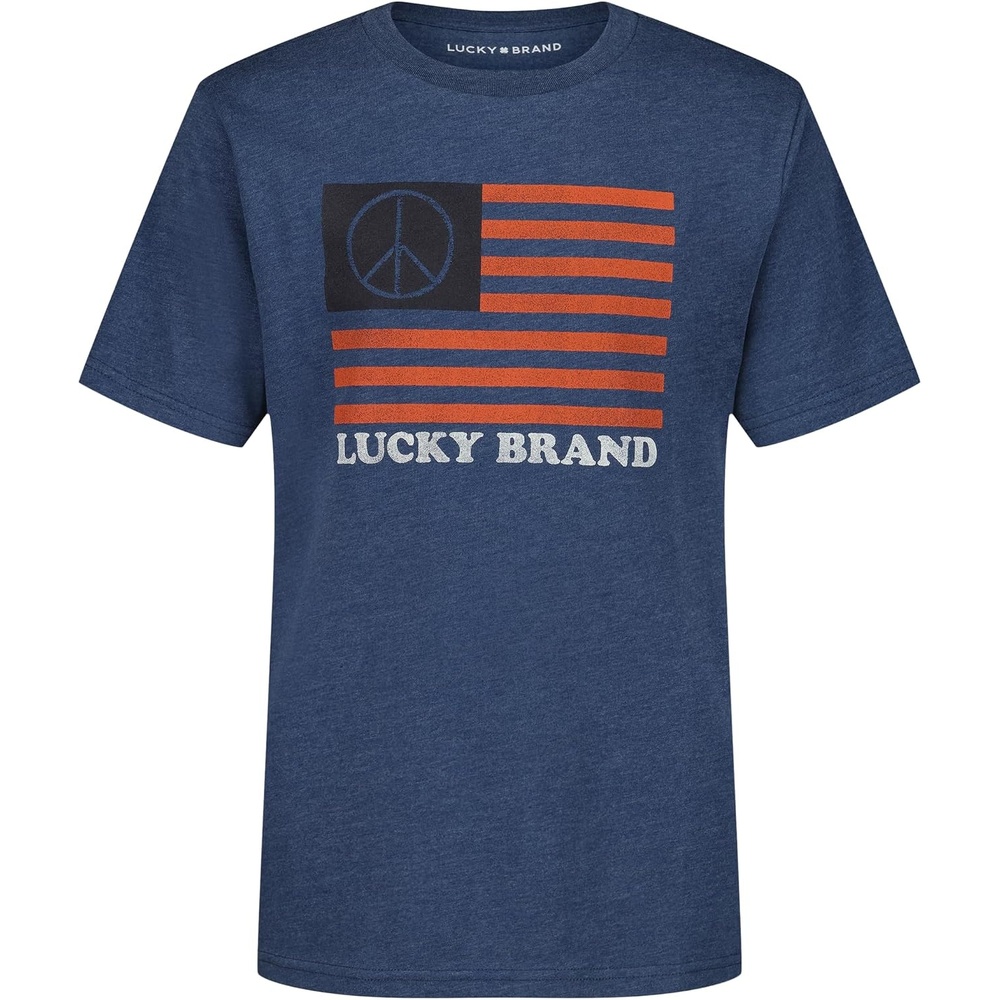image:imageLucky Brand Boys Short Sleeve Graphic Crew Neck TShirt Soft Comfortable Relaxed FitPeace Flag Dark Denim