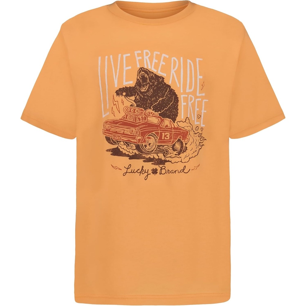 image:imageLucky Brand Boys Short Sleeve Graphic Crew Neck TShirt Soft Comfortable Relaxed FitRide Free Papaya