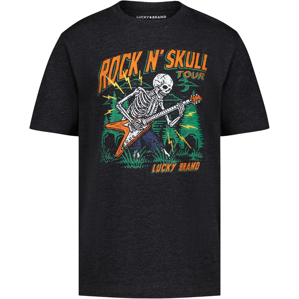 image:imageLucky Brand Boys Short Sleeve Graphic Crew Neck TShirt Soft Comfortable Relaxed FitRock N Skull Black Heather