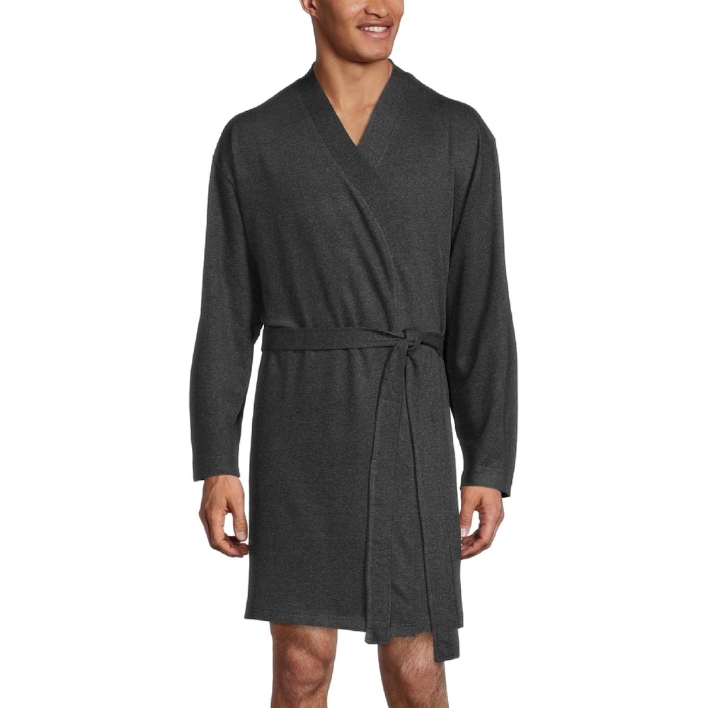 image:imageLucky Brand Mens Bathrobe Cotton Blend Knit Shawl Collar Long House Robe Relaxed Confidence for Downtime Clean Wrap Neckline Design Warm Breathable Coverage from Morning to NightCharcoal Heather