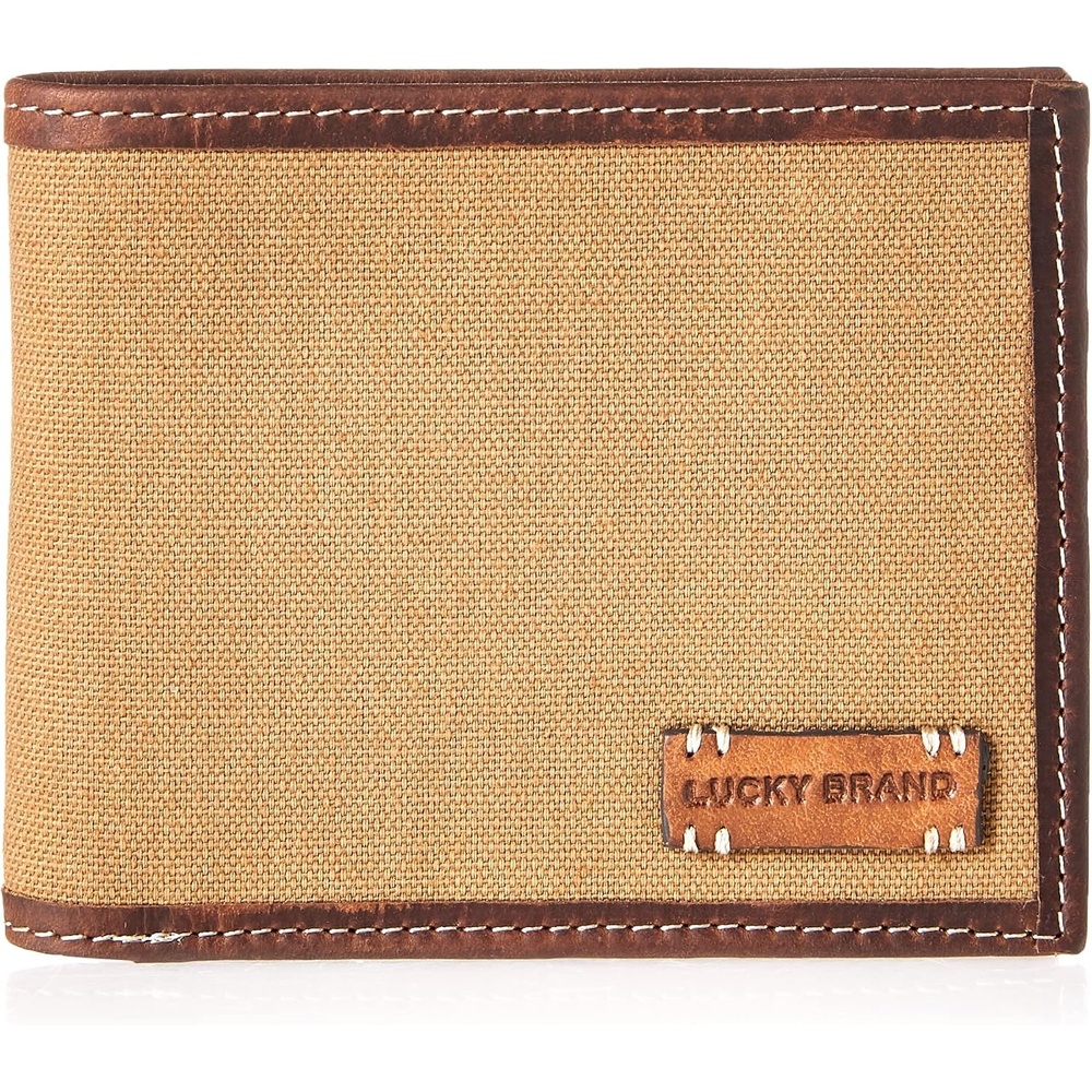 image:imageLucky Brand Mens Bifold and LFold Wallet ID Window Card Slots Genuine Leather Organization StylishCanvasLeather Khaki