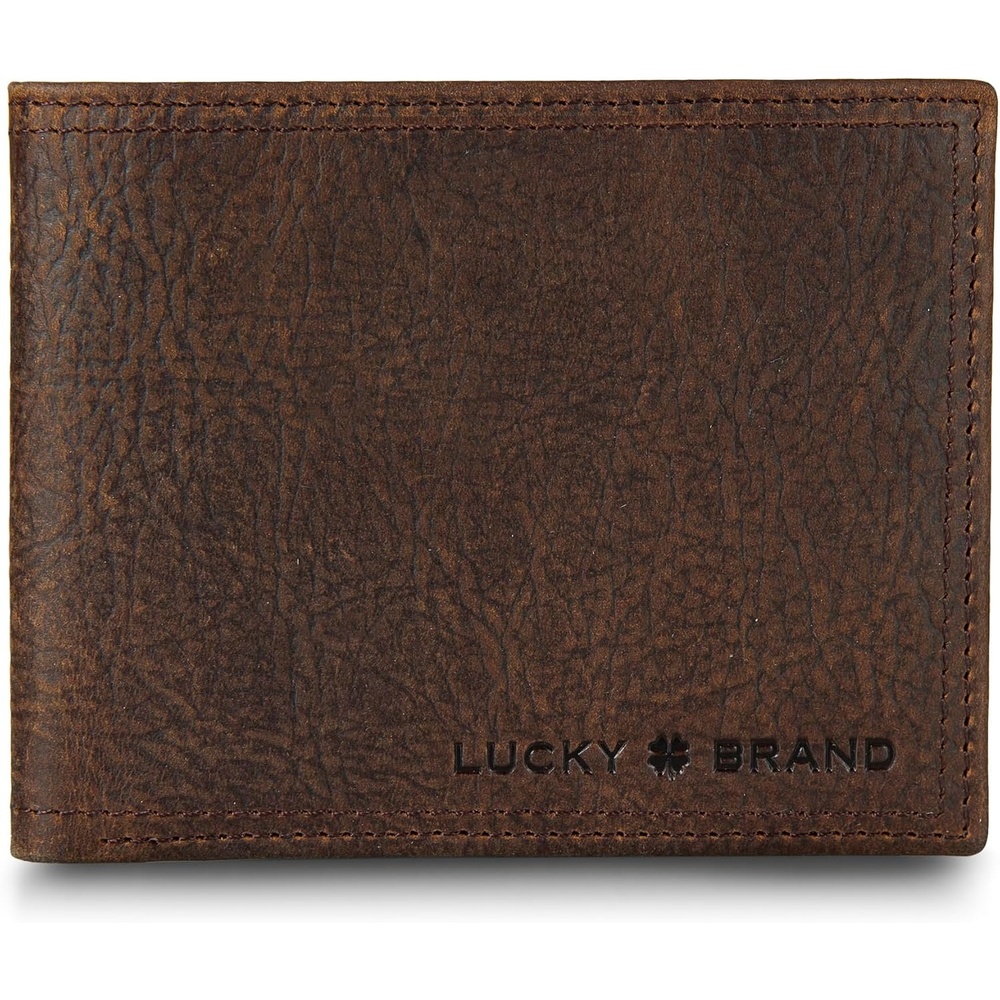 image:imageLucky Brand Mens Bifold and LFold Wallet  ID Window  Card Slots  Genuine Leather  Organization  StylishDBL Stitched Leather  Brown
